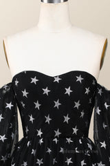 Formal Dress For Wedding Guests, Sweetheart Black A-line Stars Short Dress with Puffy Sleeves