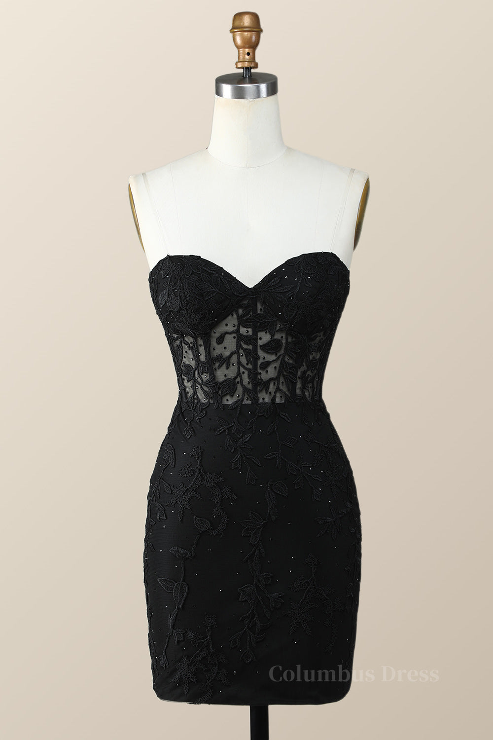 Short Prom Dress, Sweetheart Black Lace Tight Mini Dress