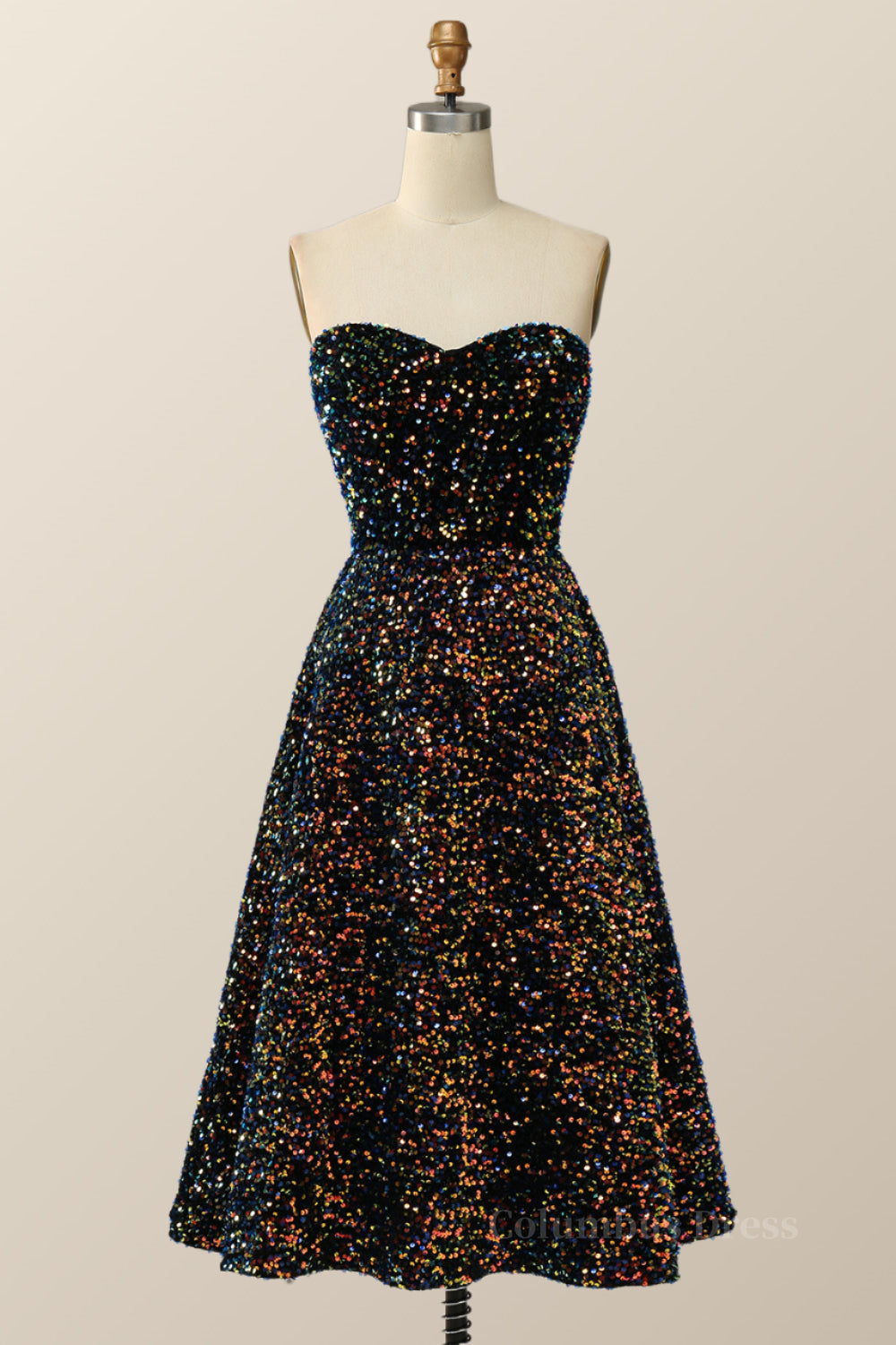Evening Dress Lace, Sweetheart Black Sequin A-line Midi Dress