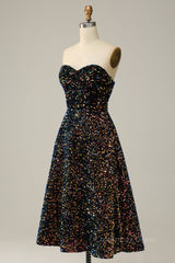 Evening Dress Short, Sweetheart Black Sequin A-line Midi Dress