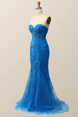 Evening Dress With Sleeve, Sweetheart Blue Lace Mermaid Dress