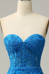 Evening Dresses Floral, Sweetheart Blue Lace Mermaid Dress