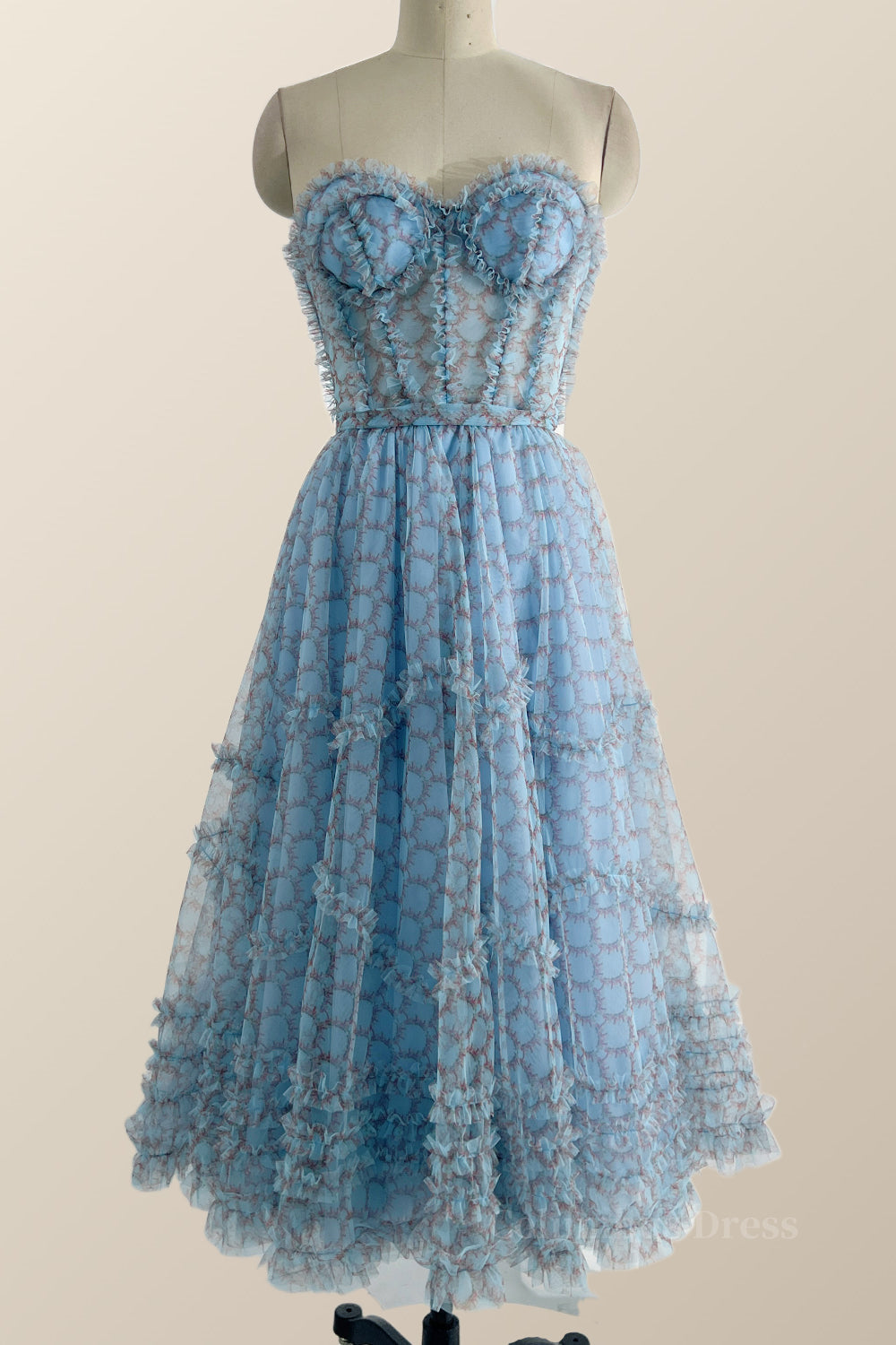 Bridesmaids Dresses Online, Sweetheart Blue Printed Corset Tea Length Dress