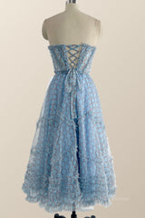 Bridesmaids Dress Online, Sweetheart Blue Printed Corset Tea Length Dress