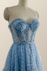 Bridesmaid Dress Shops Near Me, Sweetheart Blue Printed Corset Tea Length Dress