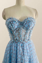 Bridesmaid Dresses Quick Shipping, Sweetheart Blue Printed Corset Tea Length Dress