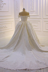 Wedding Dress Custom, Sweetheart Lace Appliques Off the Shoulder Detachable Train Wedding Dress