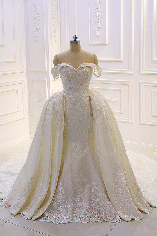 Wedding Dresses Custom, Sweetheart Lace Appliques Off the Shoulder Detachable Train Wedding Dress