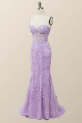 Party Dress Fancy, Sweetheart Lavender Lace Mermaid Long Prom Dress
