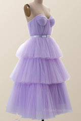 Bridesmaid Dresses Pinks, Sweetheart Lavender Tulle Tiered Tea Length Dress