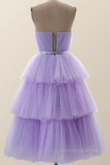 Bridesmaid Dress Pink, Sweetheart Lavender Tulle Tiered Tea Length Dress