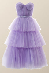 Bridesmaids Dress Pink, Sweetheart Lavender Tulle Tiered Tea Length Dress