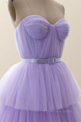 Bridesmaids Dresses Pink, Sweetheart Lavender Tulle Tiered Tea Length Dress