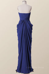 Party Dress Shopping, Sweetheart Navy Blue Draped Long Bridesmaid Dress