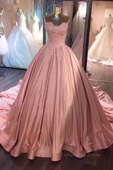Winter Dress, Sweetheart Neck Pink Lace Prom Dresses, Pink Lace Long Formal Evening Dresses