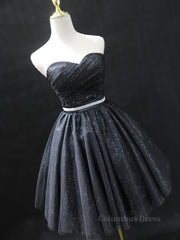 Party Dress For Teens, Sweetheart Neck Short Black Prom Dresses, Little Black Formal Evening Graduation Dresses