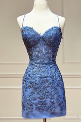 Evening Dresses Stores, Sweetheart Neck Short Blue Lace Prom Dresses, Short Blue Lace Formal Homecoming Dresses