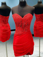 Bridesmaids Dresses Neutral, Sweetheart Neck Short Red Lace Prom Dresses, Short Red Lace Formal Homecoming Dresses