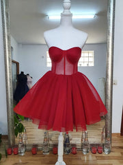 Summer Wedding Color, Sweetheart Neck Short Red Prom Dresses, Short Red Formal Graduation Evening Dresses