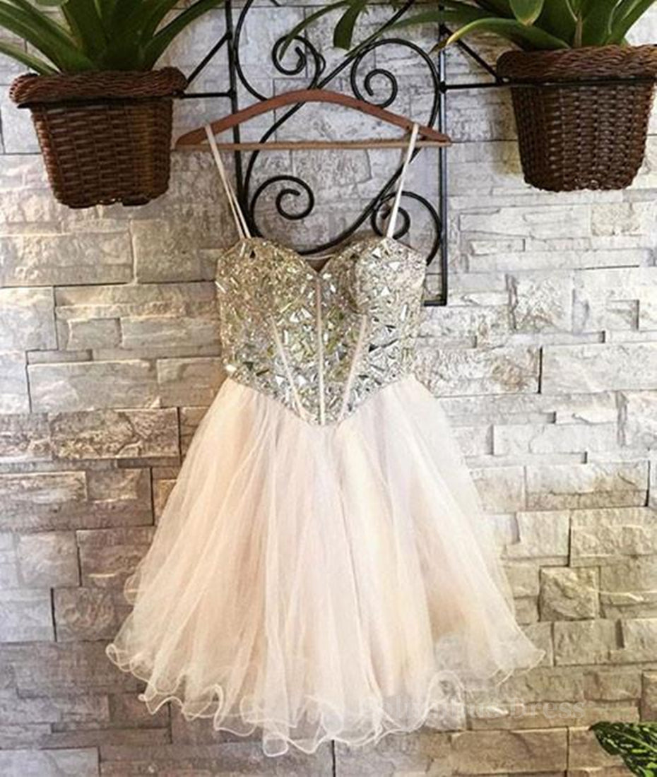Bridesmaid Dress Under 103, Sweetheart Neck Spaghetti Straps Tulle Champagne Homecoming Dresses, Champagne Short Prom Dresses, Graduation Dresses, Evening Dresses