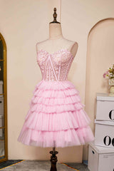Homecoming Dress Sparkle, Sweetheart Pink Lace Corset Tiered Short Homecoming Dress
