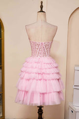 Homecoming Dresses Sparkles, Sweetheart Pink Lace Corset Tiered Short Homecoming Dress