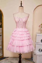 Homecoming Dress Sparkles, Sweetheart Pink Lace Corset Tiered Short Homecoming Dress