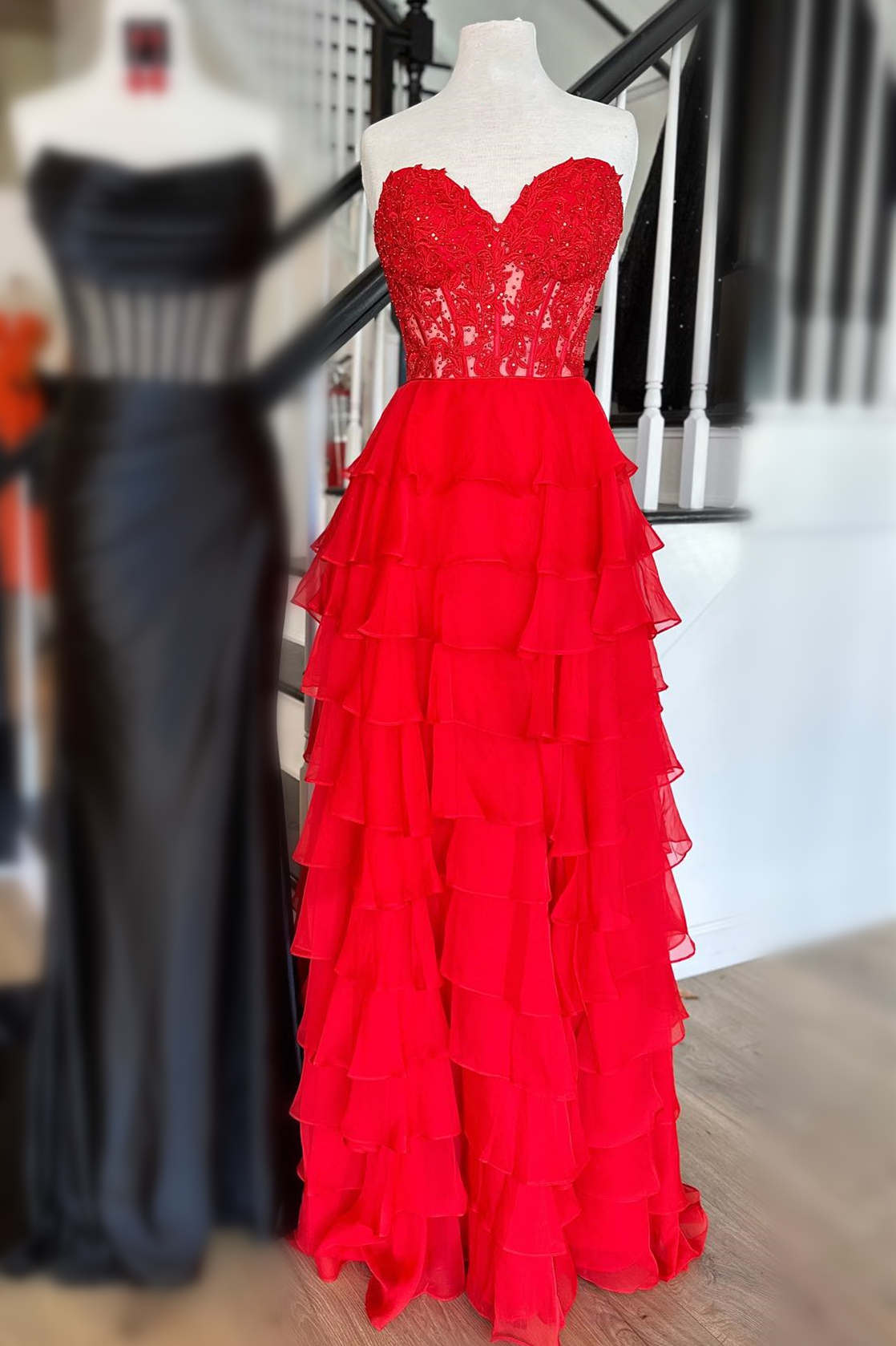 Homecoming Dresses Online, Sweetheart Red Corset Chiffon Ruffle Long Prom Dress