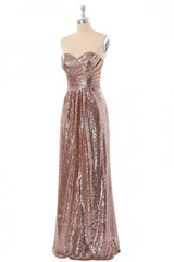 Short Prom Dress, Sweetheart Rose Gold Sequin A-line Long Bridesmaid Dress