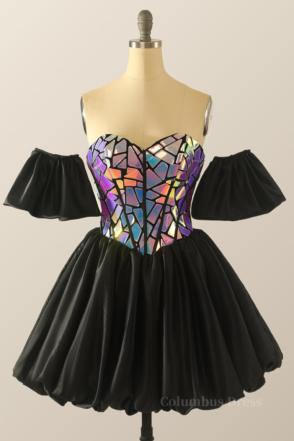 Long Sleeve Dress, Sweetheart Sequin Black Satin Short Homecoming Dress