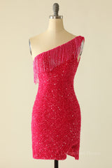 Party Dress Dresses, Tassels One Shoulder Hot Pink Sequin Mini Dress
