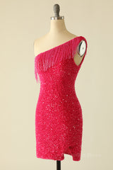 Party Dress Dress, Tassels One Shoulder Hot Pink Sequin Mini Dress