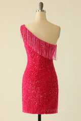Party Dress Style, Tassels One Shoulder Hot Pink Sequin Mini Dress
