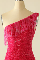 Party Dresses Style, Tassels One Shoulder Hot Pink Sequin Mini Dress
