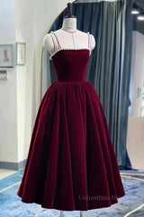 Evening Dresses Red, Tea Length Velvet Prom Dresses, Velvet Tea Length Formal Homecoming Dresses