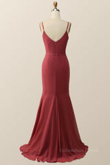 Prom Dress Two Piece, Terracotta Cowl Neck Meramaid Long Bridesmaid Dress