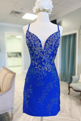 Party Dress In Store, Royal Blue Beaded Plunge V Lace-Up Short Homecoming Dress