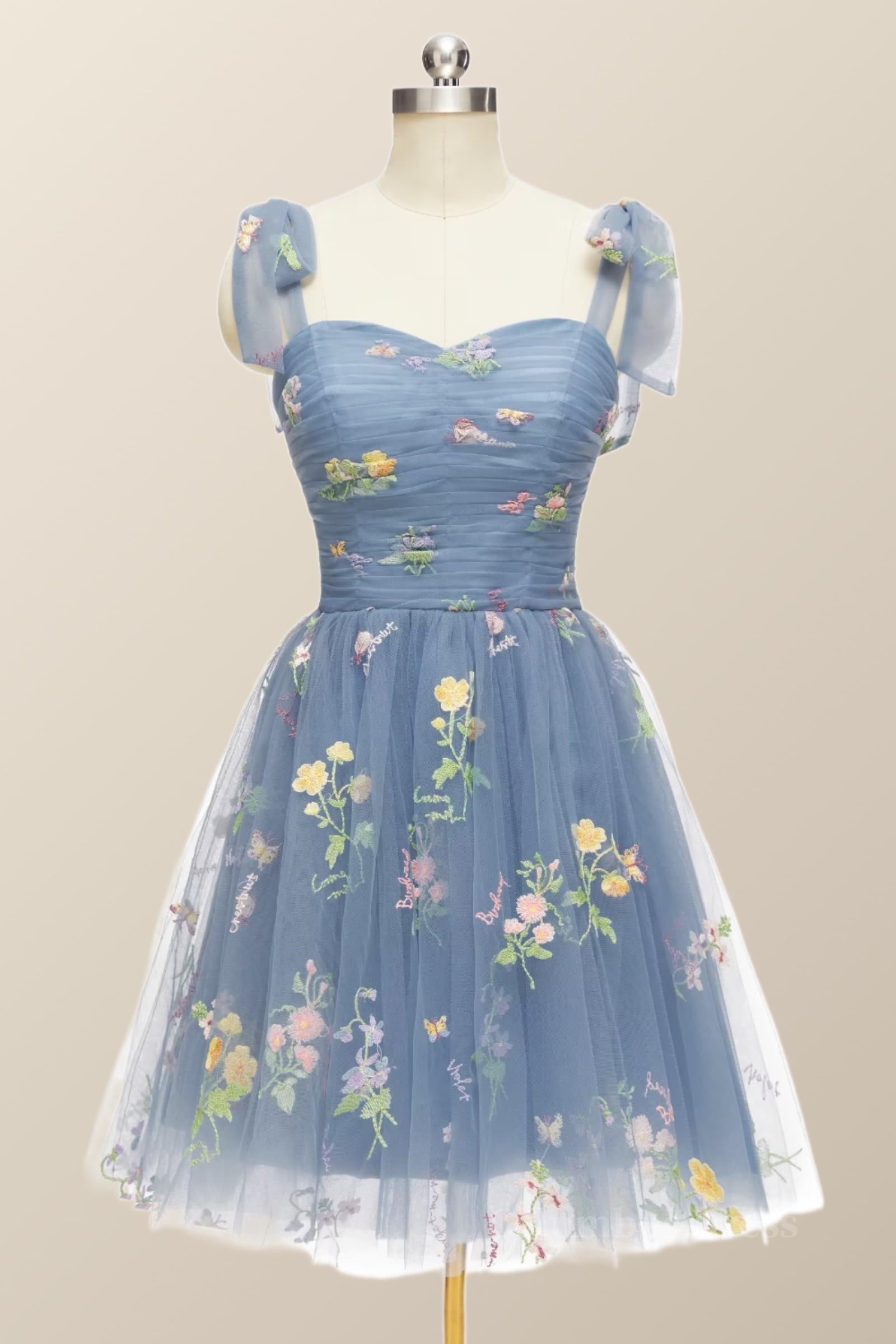 Prom Dress 2019, Tie Shoulders Blue Floral A-line Short Dress