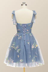 Prom Dresses Dresses, Tie Shoulders Blue Floral A-line Short Dress