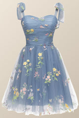 Prom Dress Dresses, Tie Shoulders Blue Floral A-line Short Dress