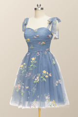 Prom Dresses Dress, Tie Shoulders Blue Floral A-line Short Dress