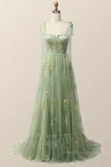 Prom Dress Classy, Tie Shoulders Green Floral Tulle Long Formal Dress