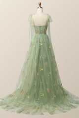 Prom Dress Types, Tie Shoulders Green Floral Tulle Long Formal Dress