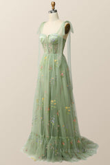 Prom Dress Type, Tie Shoulders Green Floral Tulle Long Formal Dress