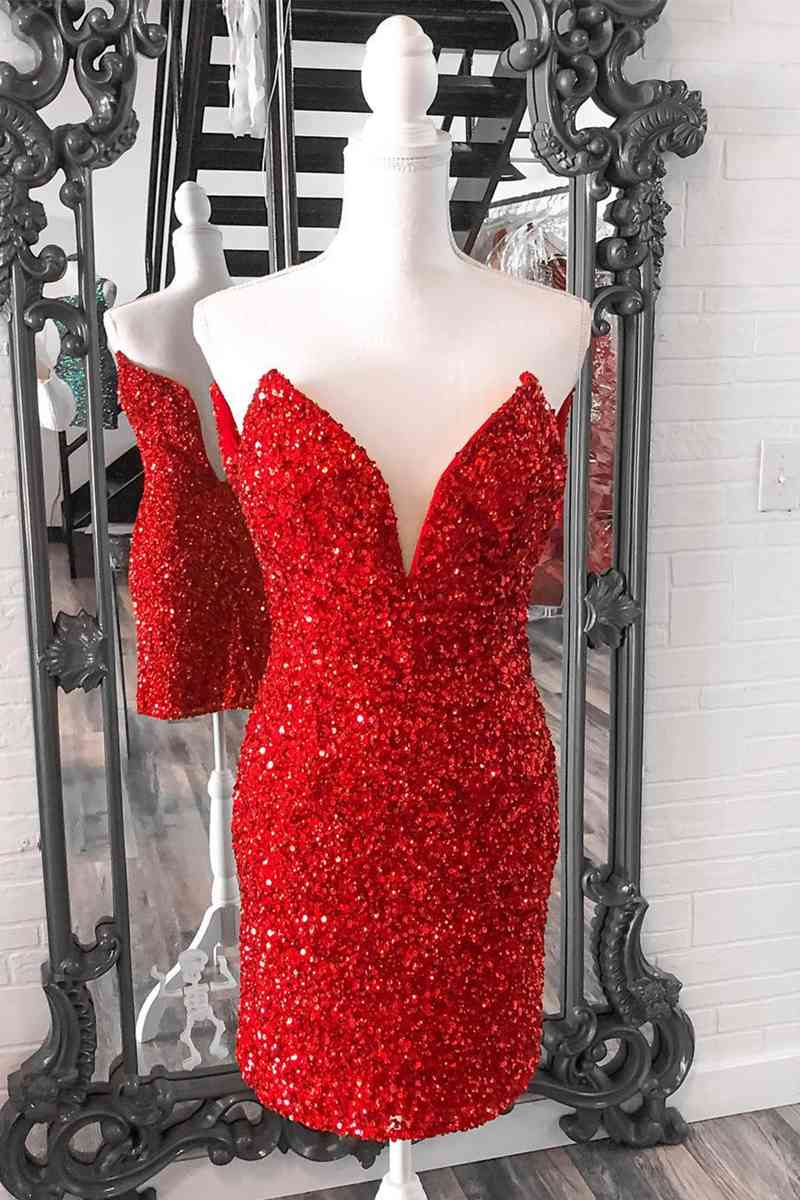 Party Dress Pinterest, Tight V Neck Red Sequins Short Party Dress,Sparkly Bodycon Dresses