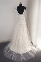 Wedding Dresses For Bride And Groom, Trendy Ivory Sleeveless Lace Tulle High split A line Wedding Dress