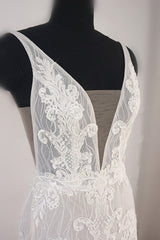 Wedding Dresses Aesthetic, Trendy Ivory Sleeveless Lace Tulle High split A line Wedding Dress