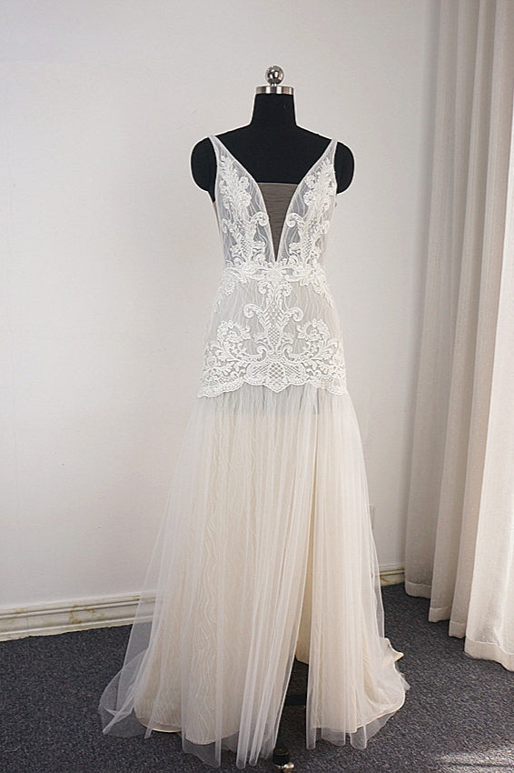 Wedding Dress Open Back, Trendy Ivory Sleeveless Lace Tulle High split A line Wedding Dress