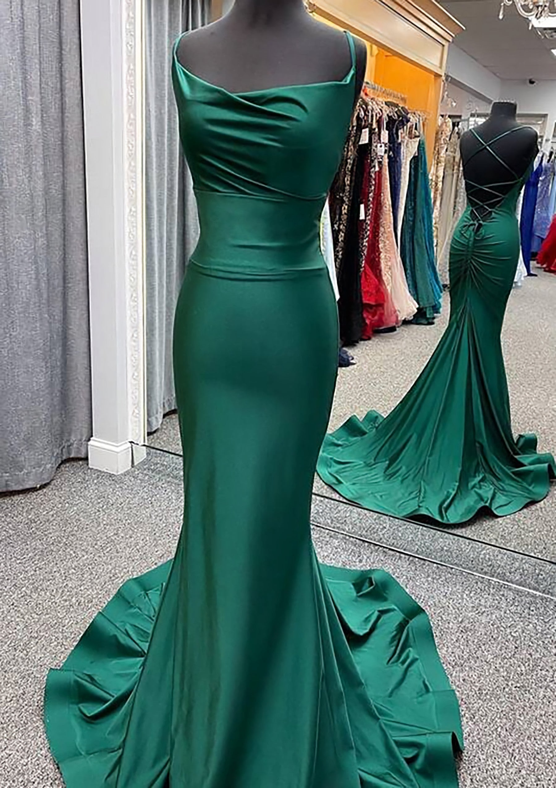 Prom Dresses With Slits, Trumpet/Mermaid Cowl Neck Spaghetti Straps Sweep Train Jersey Prom Dress With Pleated