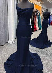 Prom Dress Long Ball Gown, Trumpet/Mermaid Cowl Neck Spaghetti Straps Sweep Train Jersey Prom Dress With Pleated